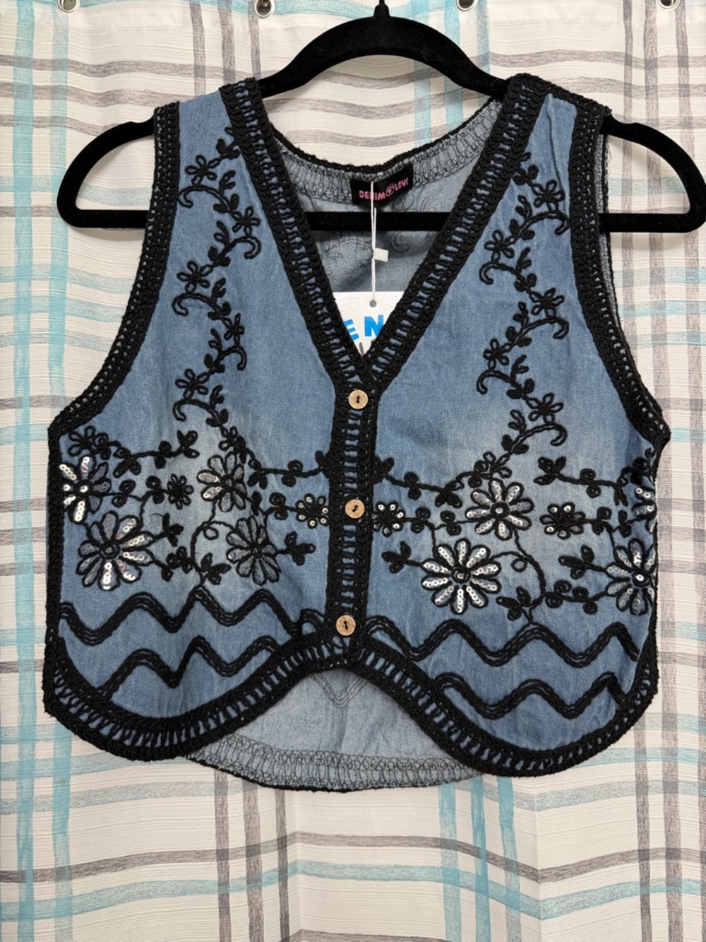 Denim Embroidered Floral Vest - Blue